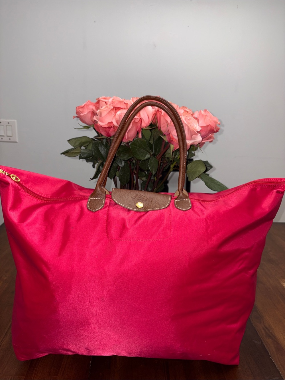 Longchamp Le Pliage Large Tote - Red/Pink with Brown Handles in GUC